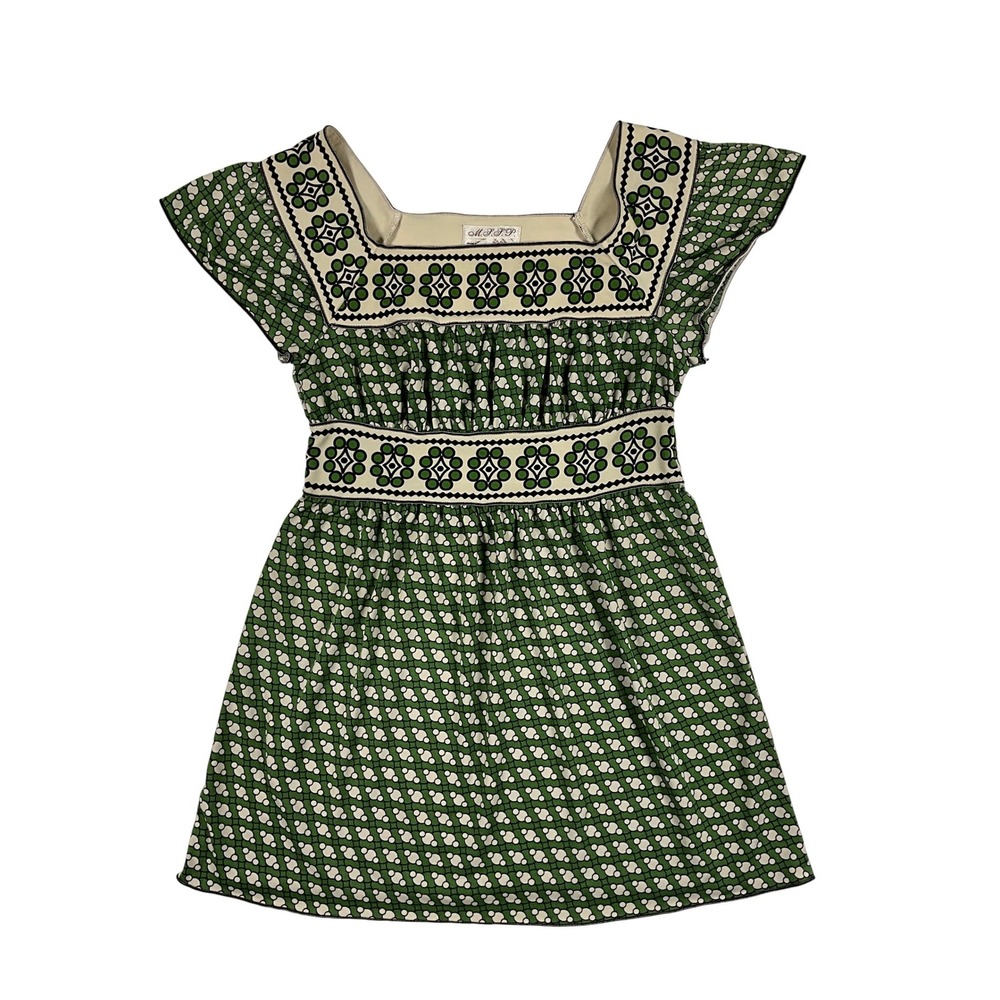 MSSP Max Studio Green Retro‎ Geometric Tile Print Empire Waist Top Size XS